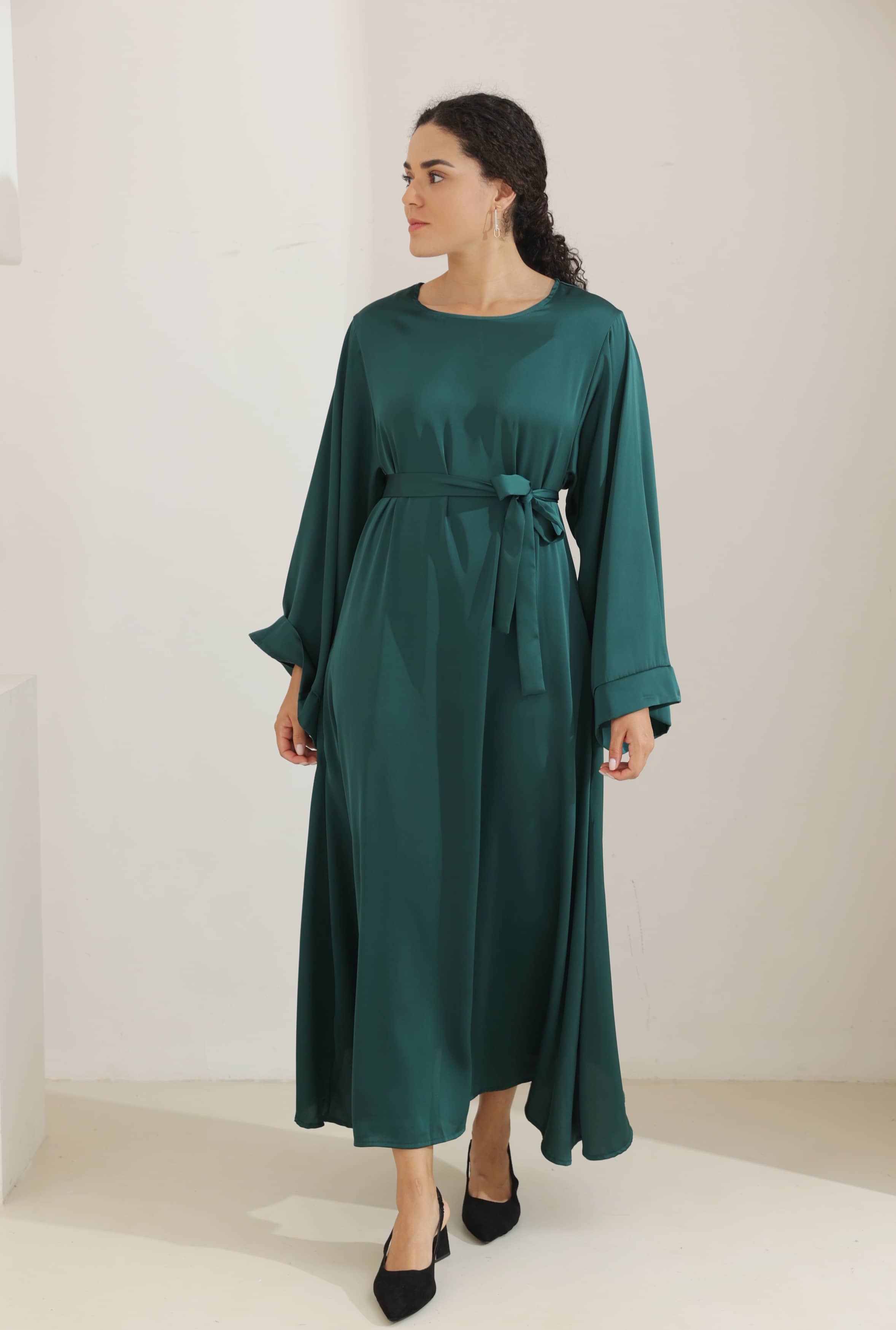 ALEENA Satin Polyester Modest Maxi Dress Abaya 503 - SeaGreen - Meliza